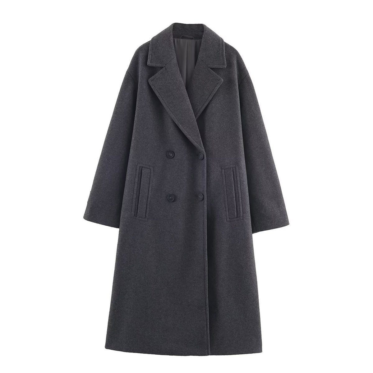 Women's Double-Breasted Oversized Coat with Notched Lapels and In-seam Pockets Shop Velvia