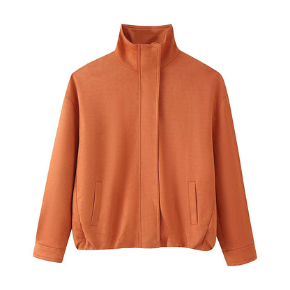Women's Boxy Short Jacket with High Stand Collar, Concealed Front Placket and Jetted Pockets Shop Velvia