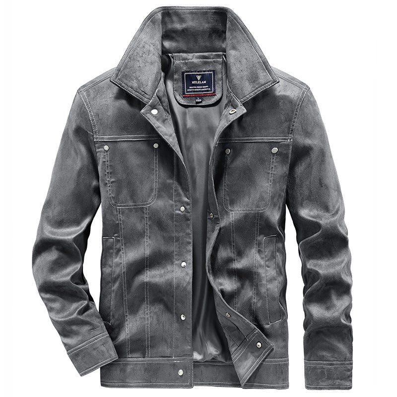 Men's suede trucker jacket with snap buttons and contrast stitching Shop Velvia