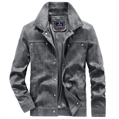 Men's suede trucker jacket with snap buttons and contrast stitching Shop Velvia