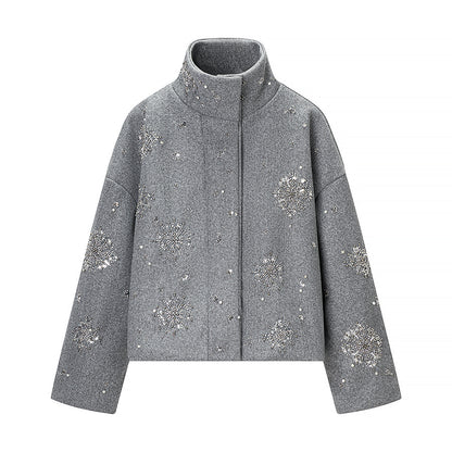 Women's Short Embroidered Wool Blend Boxy Coat with Stand Collar Shop Velvia