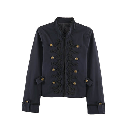 Women's Short Military Style Jacket with Ornamental Cord and Button Decoration Shop Velvia