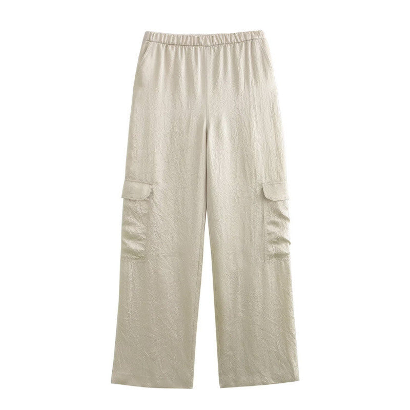 Women's Wide Cargo Pants with Elastic Waistband and Flap Pockets Shop Velvia