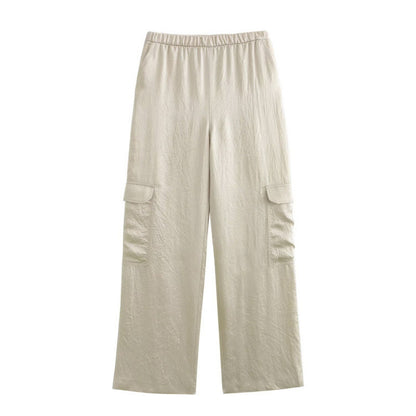 Women's Wide Cargo Pants with Elastic Waistband and Flap Pockets Shop Velvia