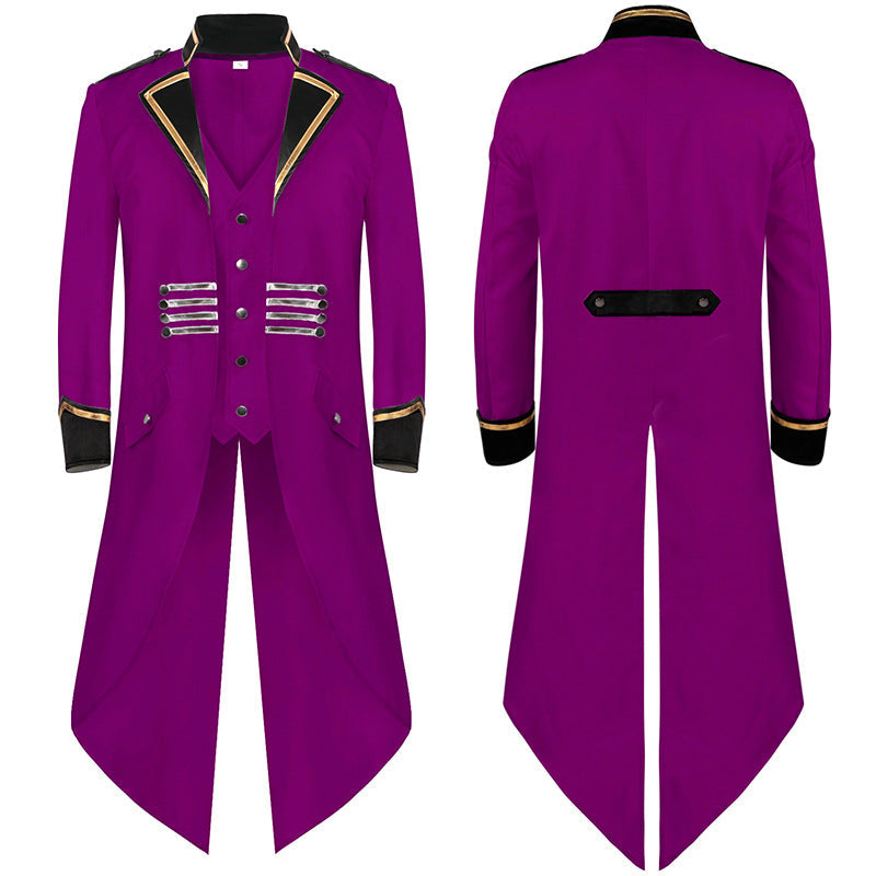 Men's long coat with military-inspired cut, high collar and decorative metal strips Shop Velvia