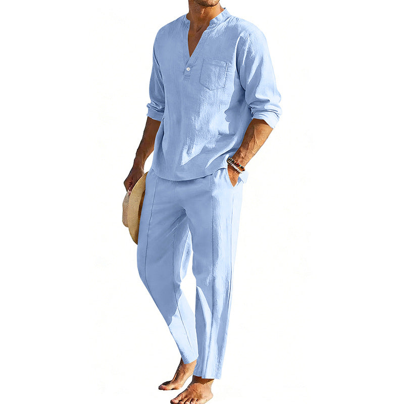 Men's comfortable linen two-piece with stand-up collar shirt and tapered ankle-length pants Shop Velvia