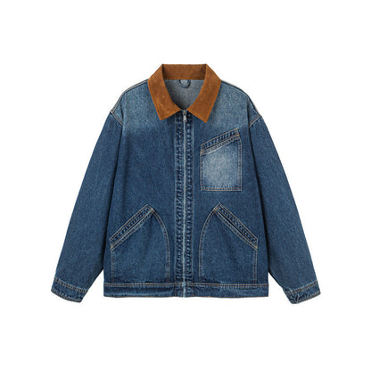 Men's Boxy Denim Jacket in Worker Style with Cord Collar and Front Zipper Shop Velvia