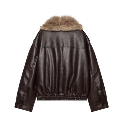 Women's Short Cut Biker Leather Jacket with Voluminous Faux Fur Shawl Collar Shop Velvia