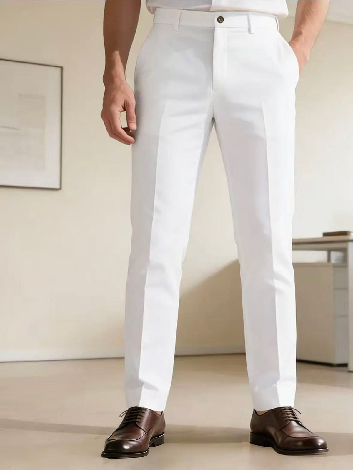 Men's slim-fit dress pants with crease, flat waistband, and stretch comfort Shop Velvia