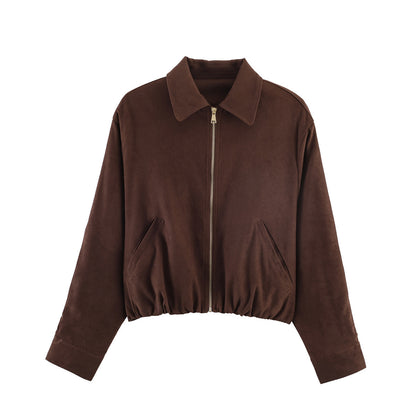 Ladies short cut velour look bomber jacket with lapel collar and elastic hem Shop Velvia