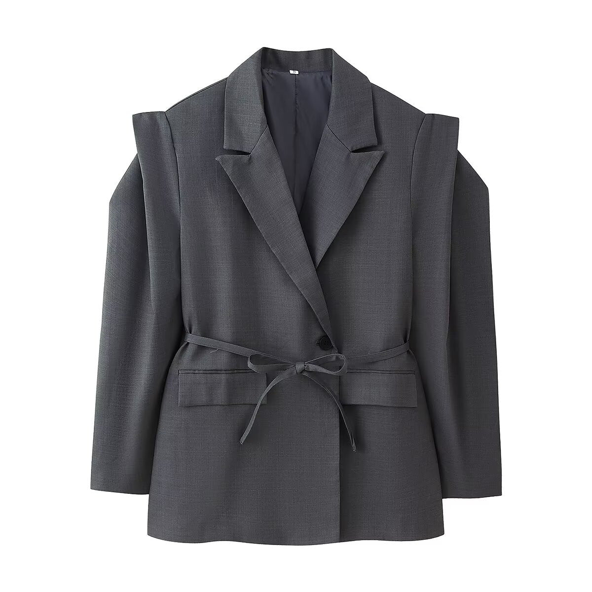Women's blazer with shoulder cutouts, belted waist and single button closure Shop Velvia