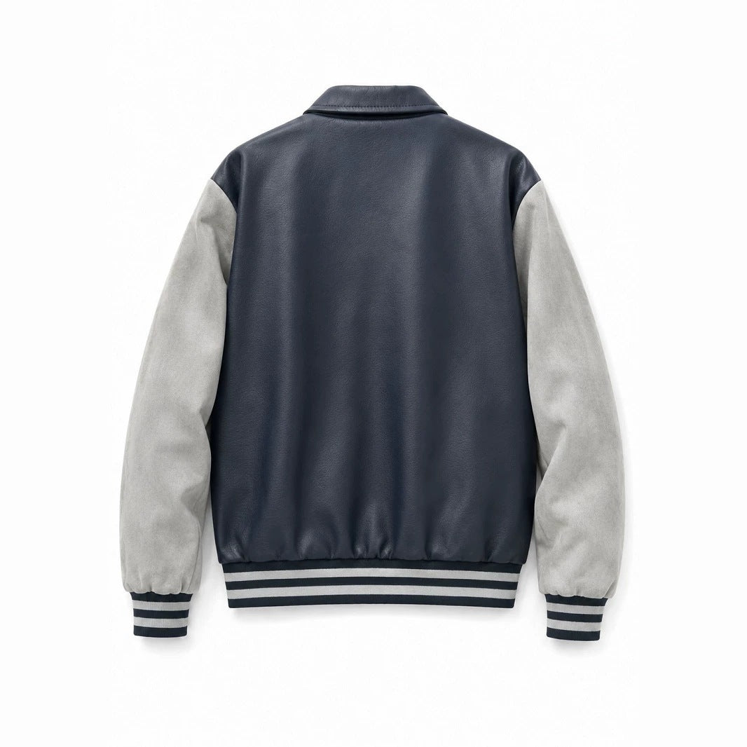 Men's varsity bomber jacket in collegiate style with faux leather body, suede look sleeves and embroidered patches Shop Velvia