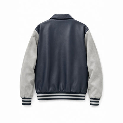 Men's varsity bomber jacket in collegiate style with faux leather body, suede look sleeves and embroidered patches Shop Velvia