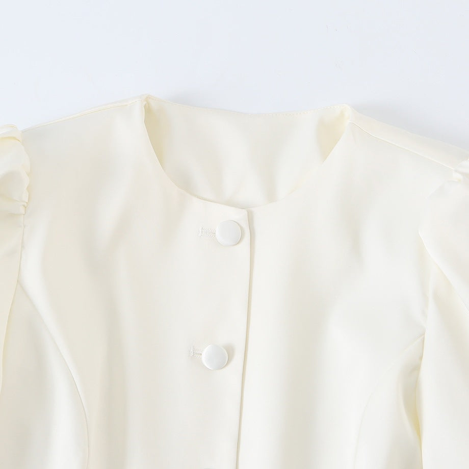 Women's Tailored Short Blazer with Puff Sleeves and Covered Buttons Shop Velvia