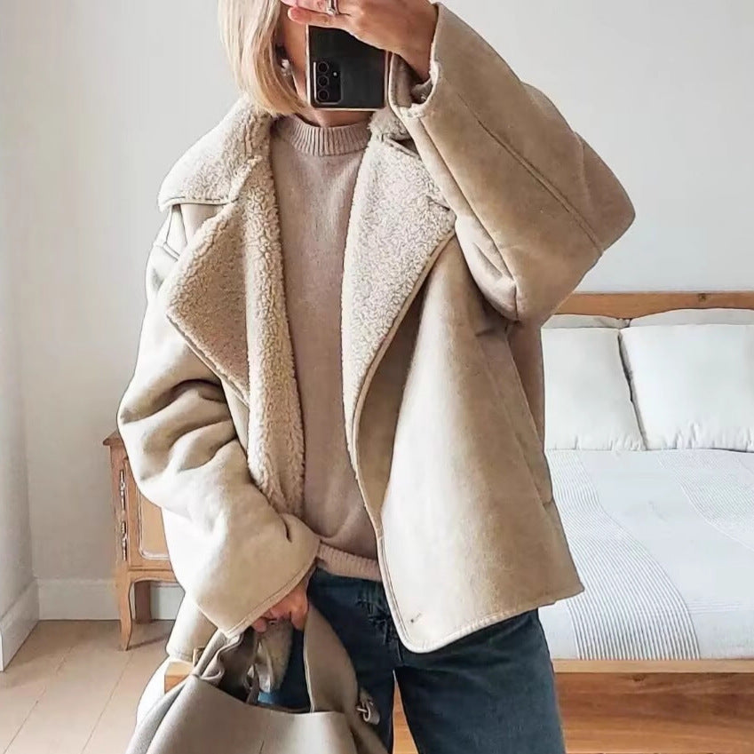 Ladies short jacket in lamb fur look with shawl collar and side patch pockets Shop Velvia