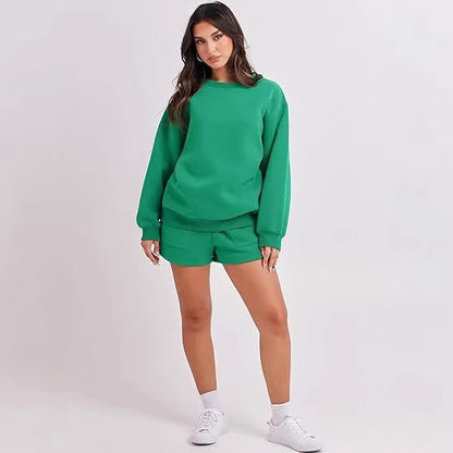 Women's Casual Two-Piece Lounge Sweatset with Oversized Round Neck Sweatshirt and High-Waist Relax Shorts Shop Velvia