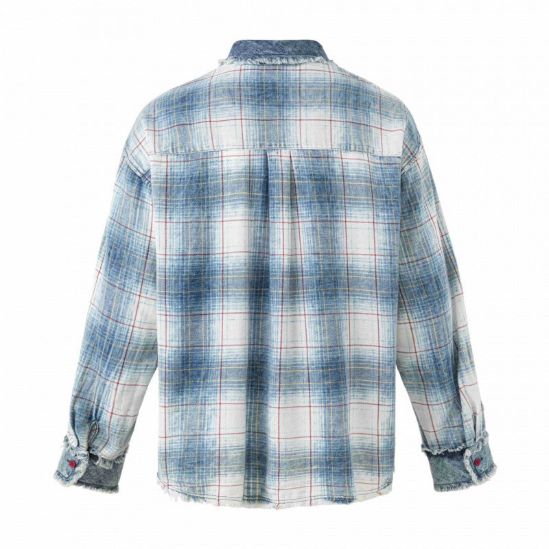 Unisex Checked Overshirt in Used Look with Fringes, Denim Collar and Patch Chest Pocket Shop Velvia