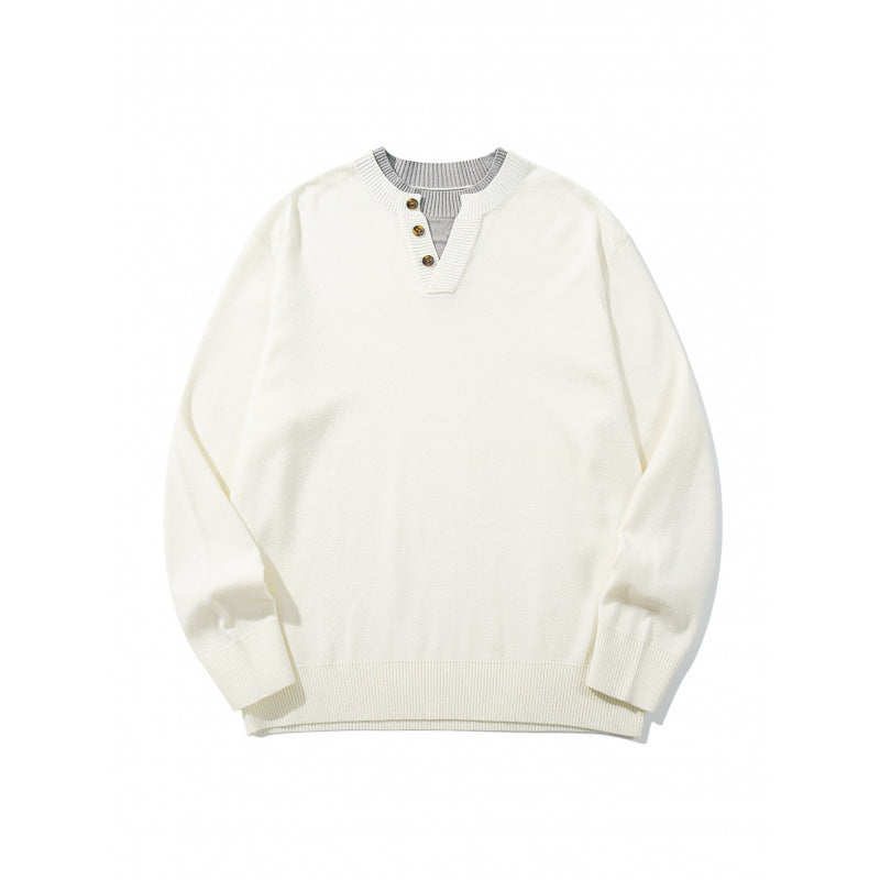Unisex knit sweater with Henley button placket, contrast collar and boxy cut Shop Velvia