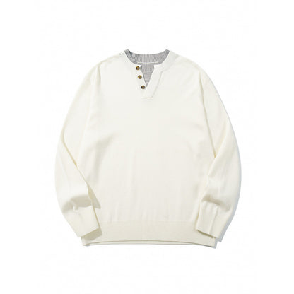 Unisex knit sweater with Henley button placket, contrast collar and boxy cut Shop Velvia