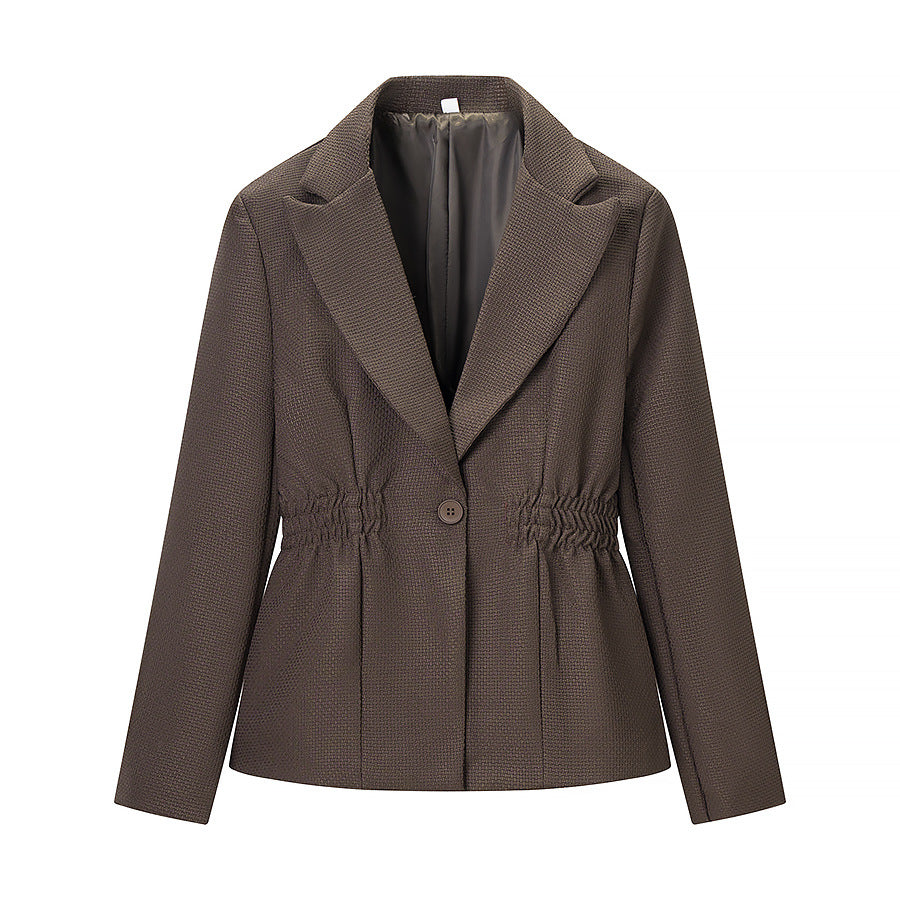 Women Tailored Structured Single-Button Blazer with Gathered Waist and Light Padding Shop Velvia