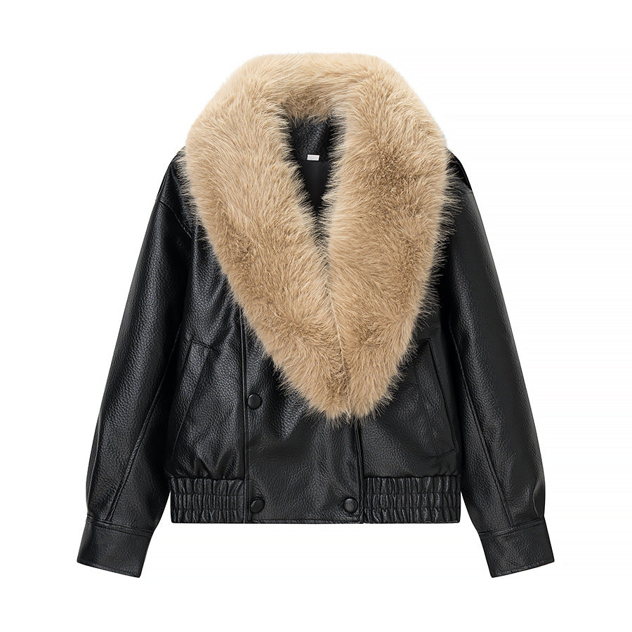 Women Quilted Leather Look Blouson with Voluminous Fur Collar Shop Velvia