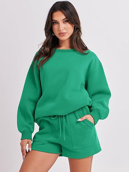Women's Casual Two-Piece Lounge Sweatset with Oversized Round Neck Sweatshirt and High-Waist Relax Shorts Shop Velvia