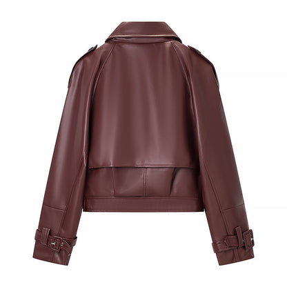 Ladies short cut biker jacket made of faux leather with asymmetrical front and waist belt Shop Velvia