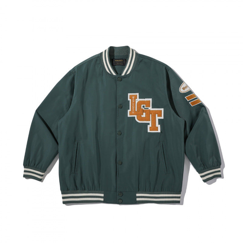 Unisex College Bomber Jacket with quilted patch, striped ribbed hems and snap button placket Shop Velvia