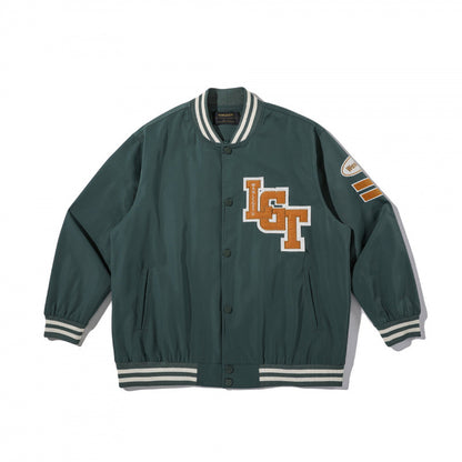 Unisex College Bomber Jacket with quilted patch, striped ribbed hems and snap button placket Shop Velvia