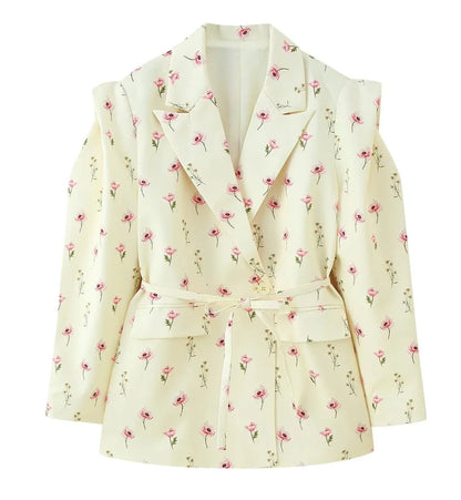 Women's blazer with shoulder cutouts, belted waist and single button closure Shop Velvia