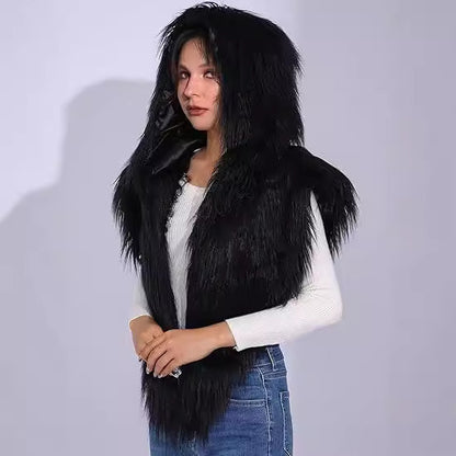 Women’s hooded scarf vest made of long-haired artificial fur Shop Velvia