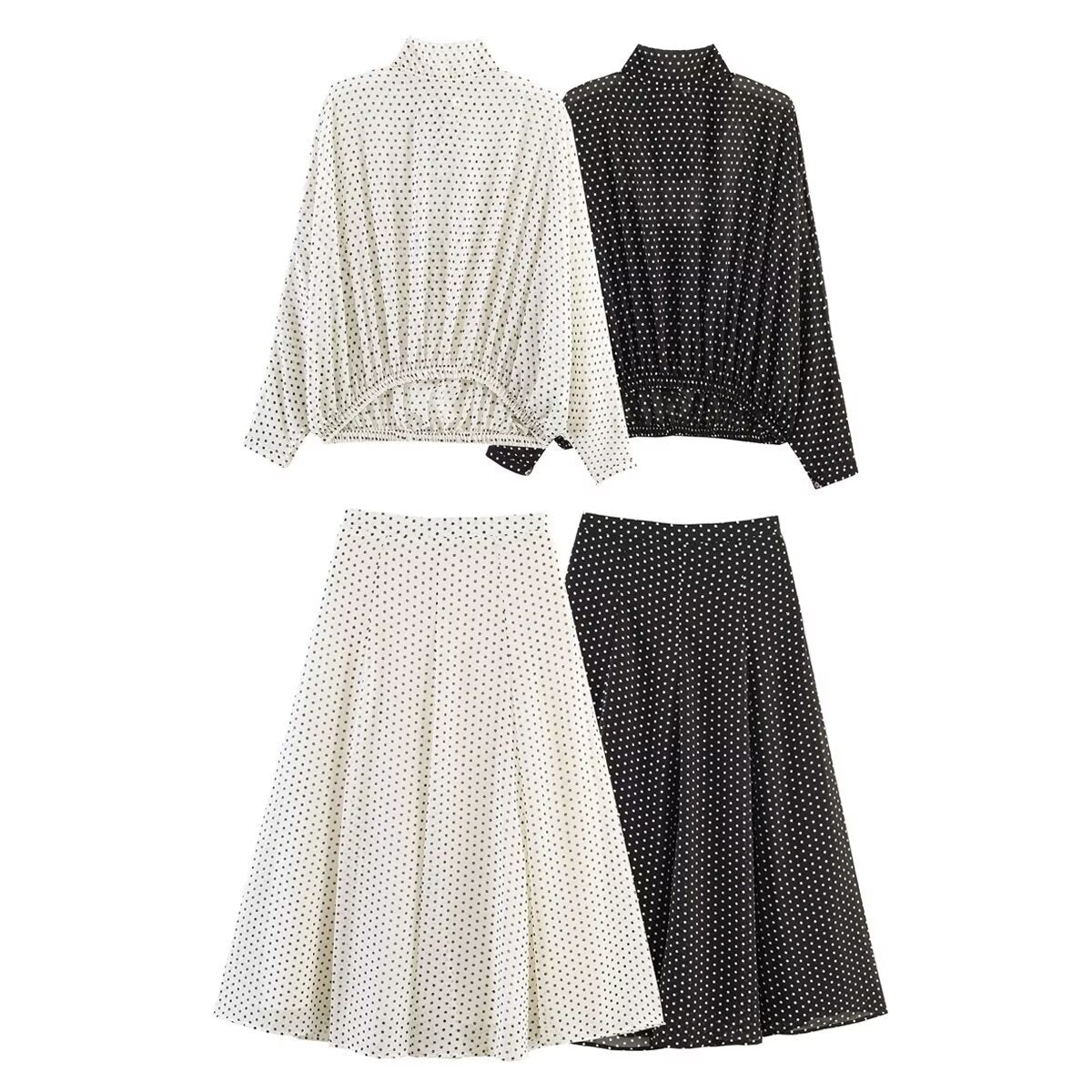 Ladies Flowing Midi Skirt in Vintage Polka Dot Design with Flared Plate Cut Shop Velvia
