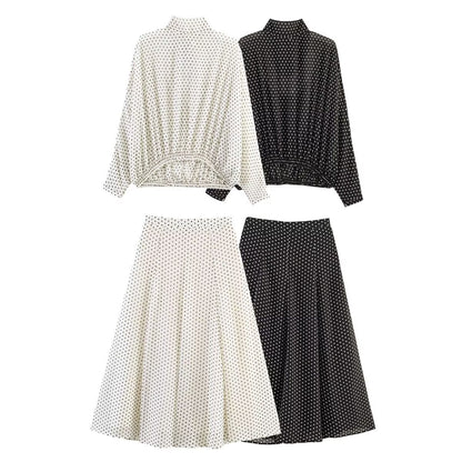 Ladies Flowing Midi Skirt in Vintage Polka Dot Design with Flared Plate Cut Shop Velvia