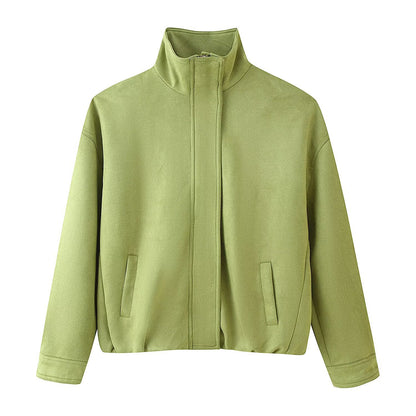 Women's Boxy Short Jacket with High Stand Collar, Concealed Front Placket and Jetted Pockets Shop Velvia