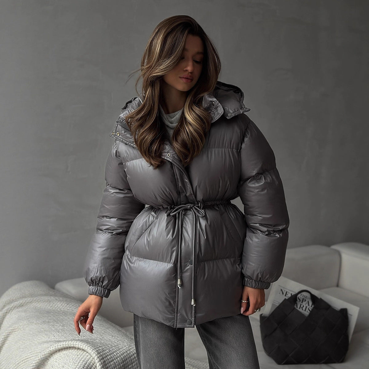 Women's quilted parka with shiny finish hood and adjustable drawstring Shop Velvia
