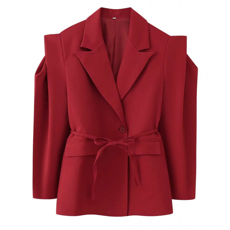 Women Tailored Blazer with Delicate Tie Waist, Emphasized Shoulder Area and Flap Pockets Shop Velvia