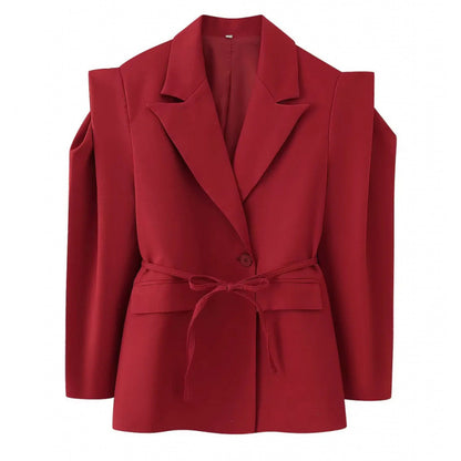 Women Tailored Blazer with Delicate Tie Waist, Emphasized Shoulder Area and Flap Pockets Shop Velvia