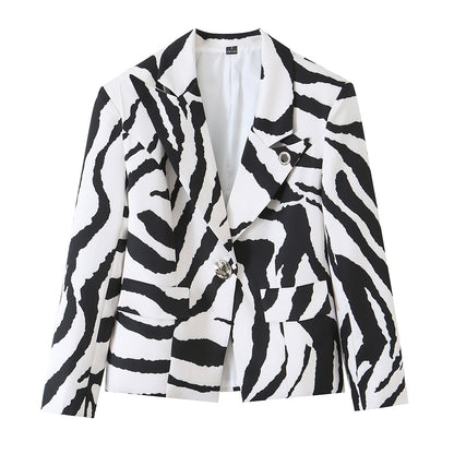 Women’s Statement Zebra Blazer with Lapel Collar and Tailored Silhouette Shop Velvia