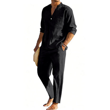 Men's comfortable linen two-piece with stand-up collar shirt and tapered ankle-length pants Shop Velvia