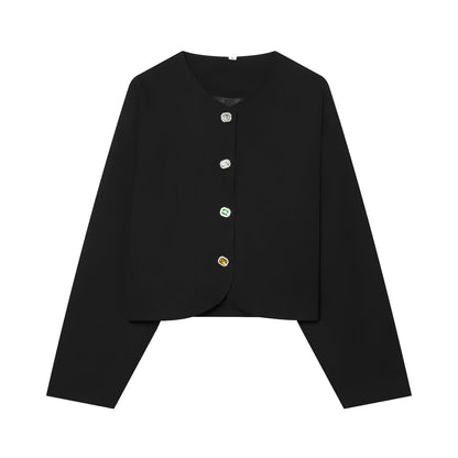 Women's Cropped Boxy Jacket with Decorative Buttons and Round Neckline Shop Velvia