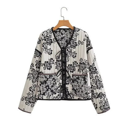 Women's Quilted Short Jacket with Floral Allover Print and Tie Ribbons Shop Velvia