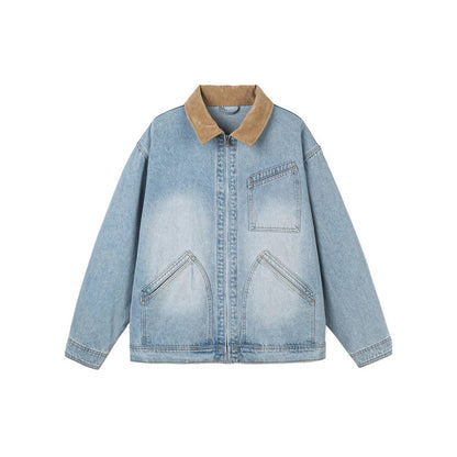 Men's Boxy Denim Jacket in Worker Style with Cord Collar and Front Zipper Shop Velvia
