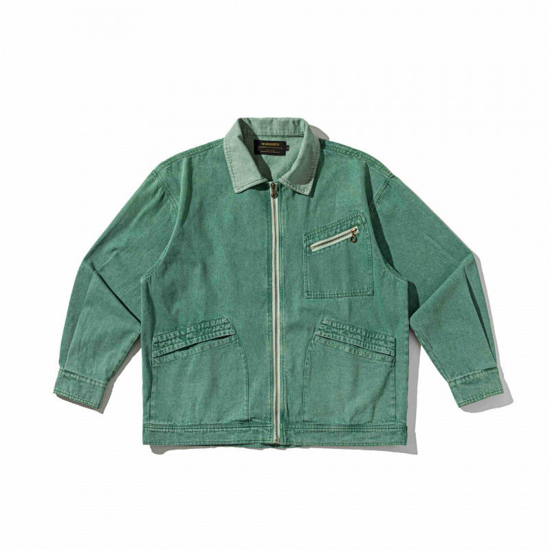 Unisex Boxy Overshirt Jacket made of washed denim with front zipper and multiple pockets Shop Velvia