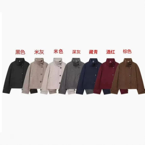 Women's 9800+ short boxy wool blend jacket with high funnel collar, asymmetrical button placket and adjustable cuffs Shop Velvia