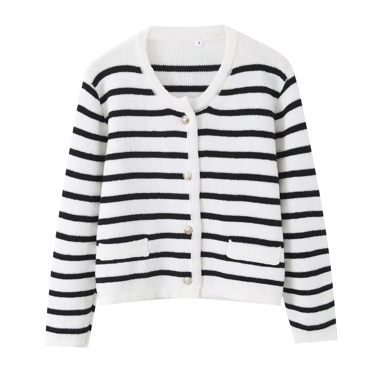 Women Striped Cardigan with Round Neck, Decorative Button Placket and Patch Pockets Shop Velvia