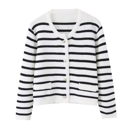 Women Striped Cardigan with Round Neck, Decorative Button Placket and Patch Pockets Shop Velvia