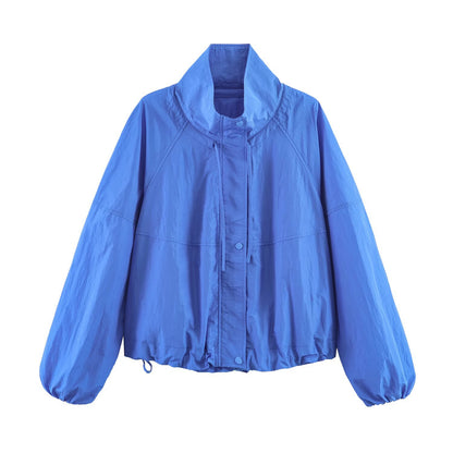 Women's Lightweight Wind and Travel Jacket with Stand Collar, Concealed Snap Placket and Drawstring Hem Shop Velvia
