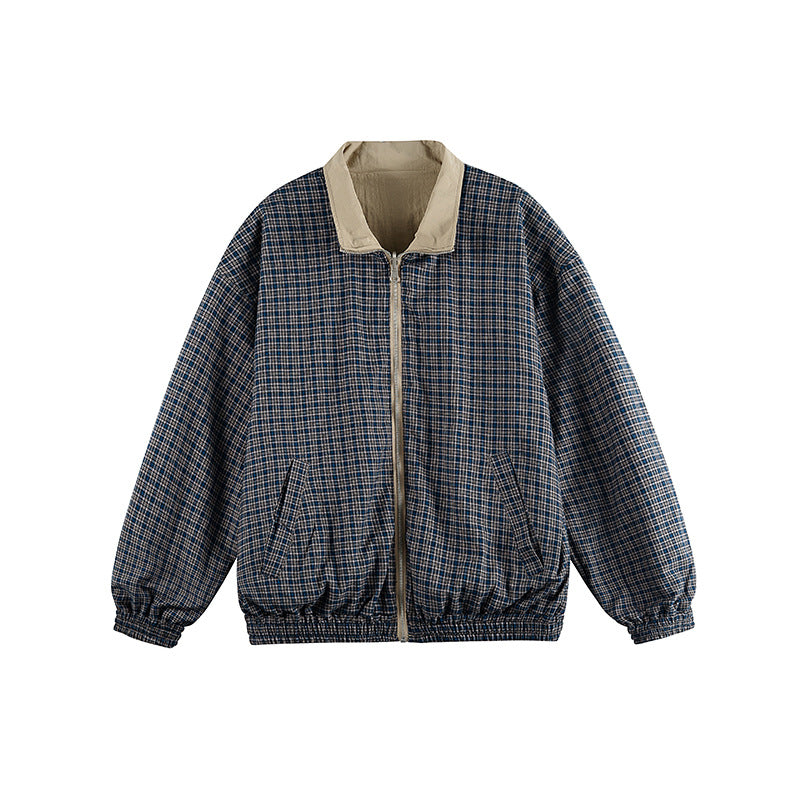Unisex Lightweight Oversized Zip Jacket in Bomber Style with Checkered Collar and Elastic Cuffs Shop Velvia