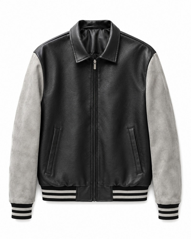 Men's Retro Letterman Bomber with Smooth Faux Leather Body and Velvet Sleeve Detail Shop Velvia
