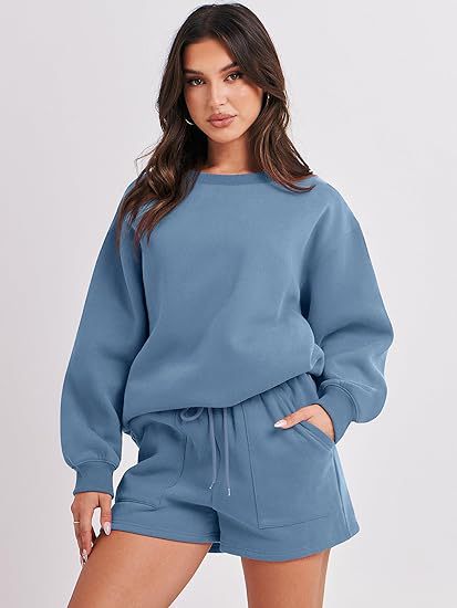Women's Casual Two-Piece Lounge Sweatset with Oversized Round Neck Sweatshirt and High-Waist Relax Shorts Shop Velvia